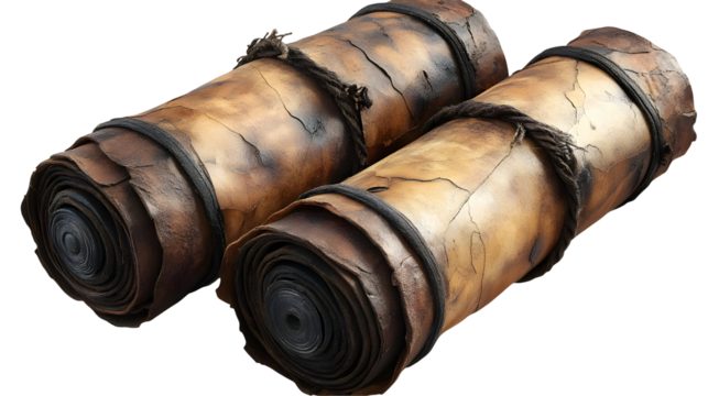 Two Ancient Scrolls Tied with Rope Isolated on White Background