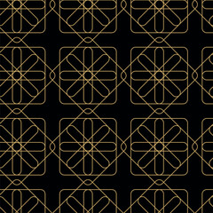 Abstract geometric pattern with square, lines and stripes on black background. A seamless vector background. Graphic modern pattern. Black and gold pattern.