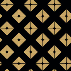 Abstract geometric pattern with square, lines and stripes on black background. A seamless vector background. Graphic modern pattern. Black and gold pattern.