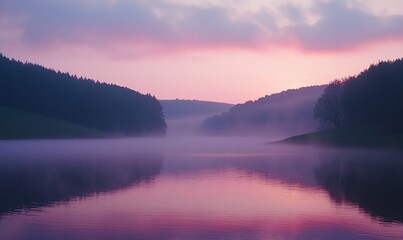 Fototapeta premium Serene dawn mist over tranquil lake reflecting vibrant sunrise