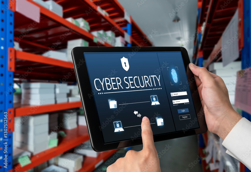 Poster cyber security system on computer screen protect private information snugly from hacker and cyber at