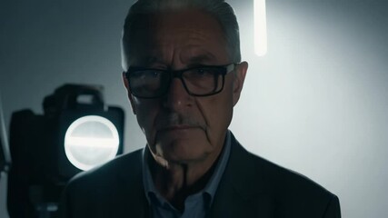 Dolly zoom video of a 58-year-old in studio with flag lighting