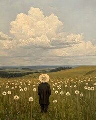 Person in Field of Dandelions, Facing Vast Landscape Under a Cloudy Sky, Daydreaming