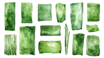 Abstract watercolor shapes, green tones, graphic elements