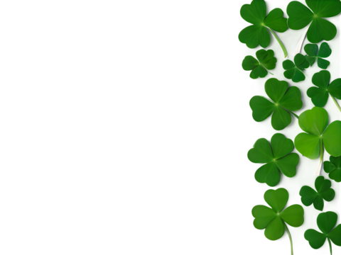 A collection of vibrant green shamrocks arranged in an artistic pattern on a white background, symbolizing good luck and Irish heritage.
