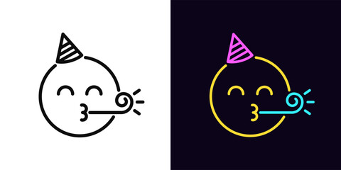 Outline birthday emoji icon, with editable stroke. Festive emoji with cone hat and party blower, birthday celebrate. Happy emoticon with whistle, birthday party, rejoice emotion, holiday mood. Vector