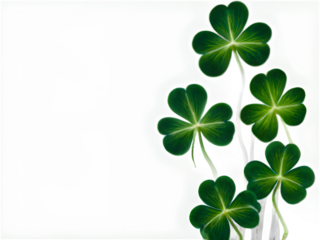 A collection of vibrant green shamrocks arranged in an artistic pattern on a white background, symbolizing good luck and Irish heritage.
