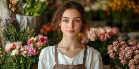 Young florist stands proudly among colorful flowers in a vibrant flower shop filled with fresh blooms and greenery