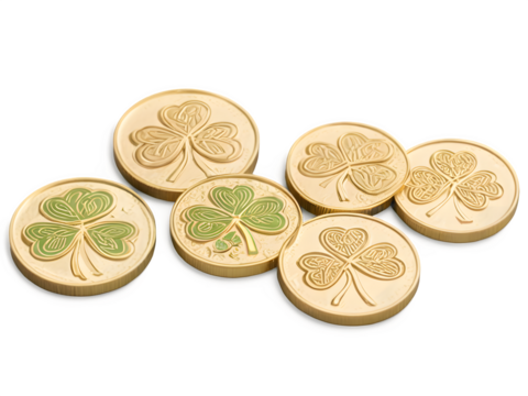 Stacks of glimmering gold coins with embossed shamrocks and Celtic patterns, neatly scattered on a white background.
 - Powered by Adobe