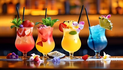Vibrant cocktails served at a trendy bar colorful drink display lively atmosphere close-up view refreshing beverage concepts