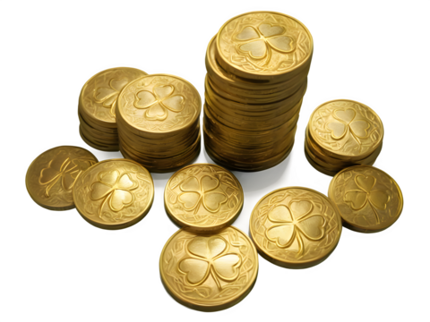 Stacks of glimmering gold coins with embossed shamrocks and Celtic patterns, neatly scattered on a white background.
