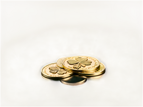 Stacks of glimmering gold coins with embossed shamrocks and Celtic patterns, neatly scattered on a white background.

