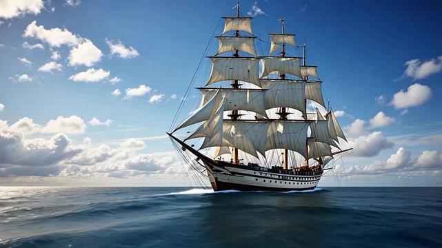 Sailing Ship with Full Sails on the Ocean 4K  features an A.I. generated video of a sailing ship with full sails on the sea with waves and a camera view panning around the vessel. 
