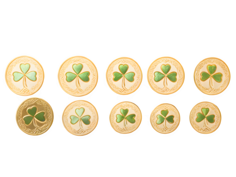 Stacks of glimmering gold coins with embossed shamrocks and Celtic patterns, neatly scattered on a white background.
