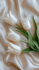 Fototapeta premium White tulip flowers on beige silk in a fresh and elegant style. White tulips with delicate petals on light-colored silk.