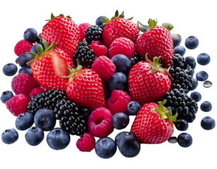 A vibrant mix of fresh strawberries, raspberries, blackberries, and blueberries. This image is perfect for illustrating healthy eating, summer vibes, or food blogs.