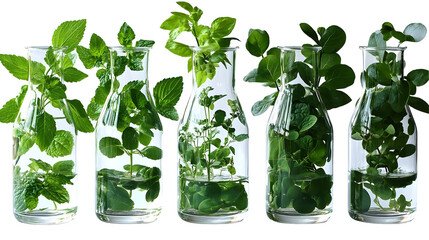 Green Leaves Sit in Glass Bottles Isolated on White Background