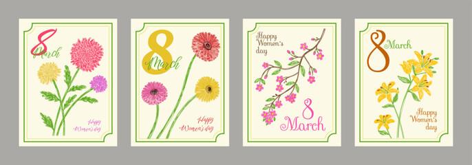 8 March. International women's day card set. Chrysanthemum, gerbera, sakura and lily flower. Hand drawn floral illustration. Pen or marker sketch. Vector design