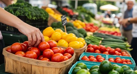 A bright outdoor farmer's market on a sunny day, filled with fresh organic produce. A hand reaches for a basket of ripe tomatoes