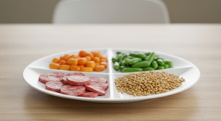 A clean, white plate is divided into healthy portions of protein, vegetables, and whole grains, following the MyPlate guideline