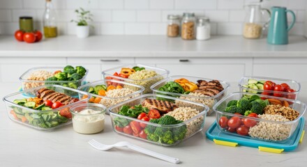 A spacious, well-lit kitchen counter with neatly packed meal prep containers, each filled with vibrant, nutritious ingredients. Fresh vegetables, grilled proteins, and healthy grains are arranged in a