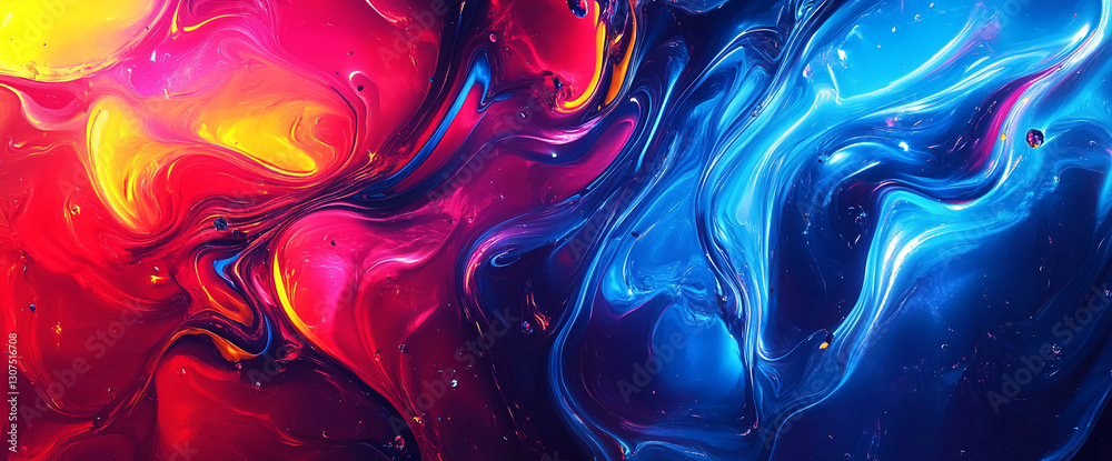 Poster Abstract image of swirling red, blue, and yellow paint, creating a dynamic and vibrant visual effect, showcasing energy, movement, and fluidity
