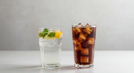 A setting where two drinks are displayed side by side—a homemade fruit-infused water and a sugar-filled soda with excessive ice cubes