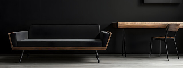 A modern, minimalist-style living room features a sofa and coffee table combination in a black and gray color scheme
