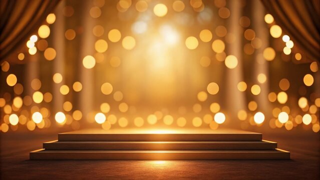 an illuminated stage with golden lights and a curtain background, perfect for performances and presentations. The stage is ready for the show
