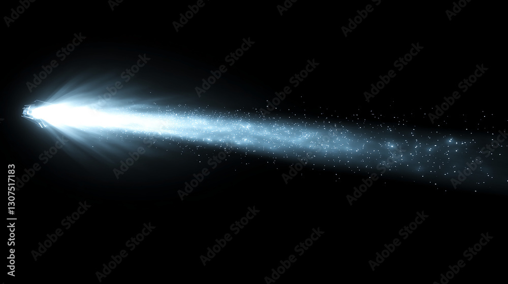 Poster bright blue light streak across black background, featuring sparkling particles, suggesting movement