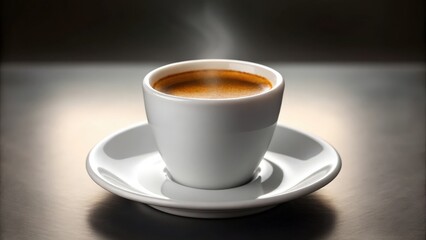 Fototapeta premium Espresso in a white cup with steam rising. The cup sits on a saucer on a dark surface.