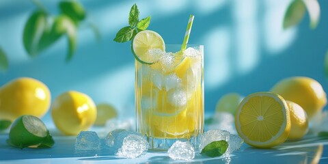 Refreshing lemonade with ice and fresh lemon slices on a bright blue background during summer