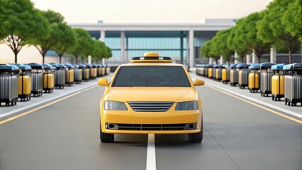 Obraz premium a yellow taxi cab waiting outside an airport. The taxi is driving through a line of luggage carts, waiting to pick up passengers who have just arrived
