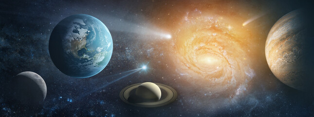 Planet Earth , galaxies, stars, comet, asteroid, meteorite, nebula. Space panorama of the universe. Elements of this image furnished by NASA.