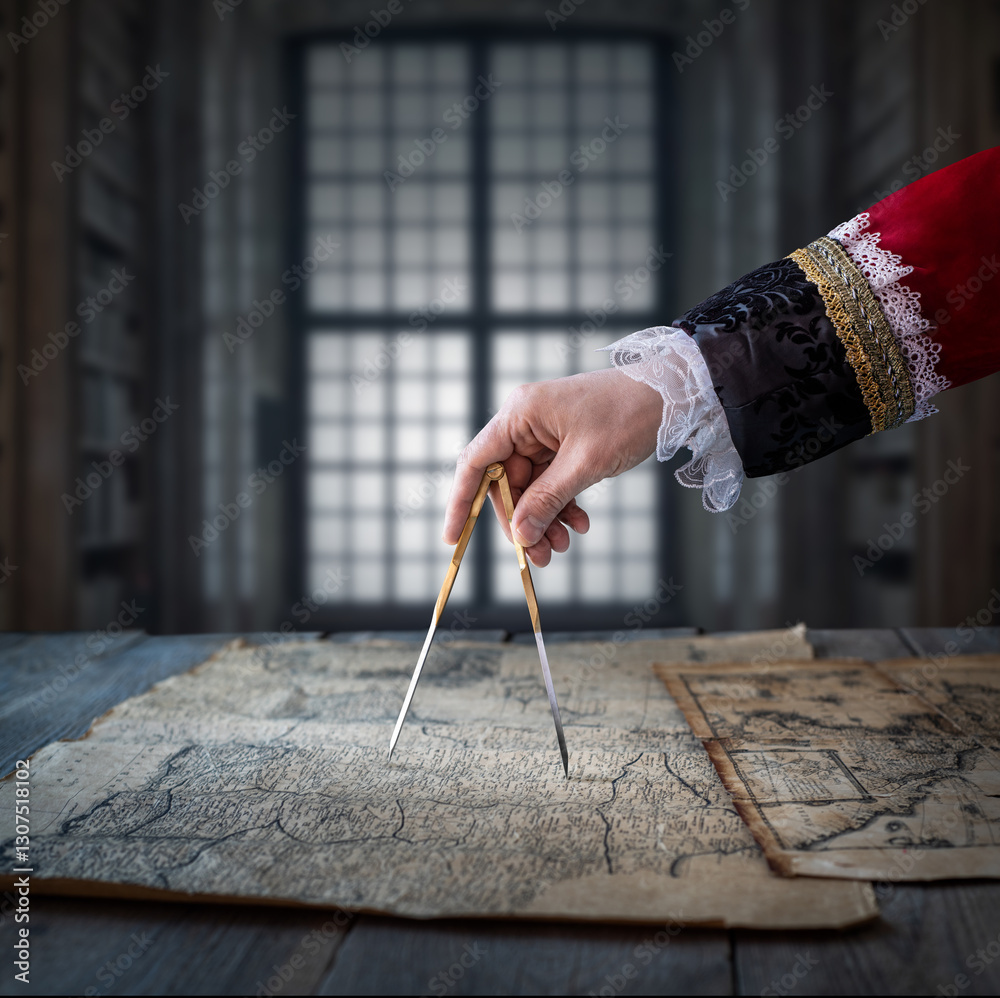 Poster The captain plots a route on a geographical map. Historical concept on the theme of navigation, geographical discoveries, pirates.