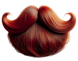 A vibrant, stylized auburn handlebar mustache and beard, artfully arranged against a stark white background.