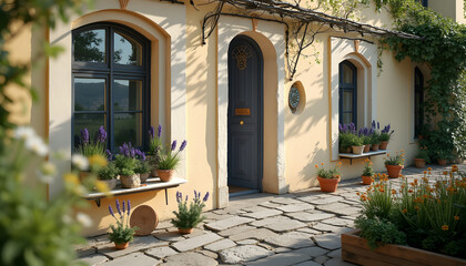 Naklejka premium “The classic facade of the house with windows decorated with ceramic pots of lavender and chrysanthemums, creating an atmosphere of coziness and tranquility.”