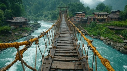 Fototapeta premium Wooden suspension bridge over a mountain river