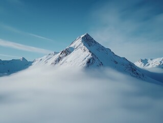 Majestic snow capped mountain peak rises above clouds under clear blue sky, breathtaking landscape.