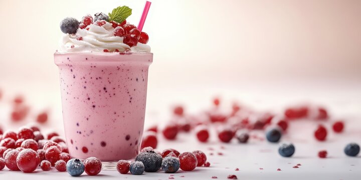 Refreshing berry smoothie with whipped cream and fresh fruit garnishes enjoyed on a sunny day - Powered by Adobe