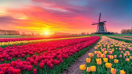 Vast tulip fields beneath a vibrant sky, featuring a classic windmill in the background
