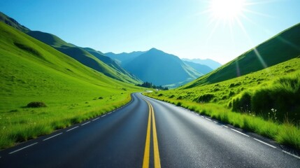 Naklejka premium Asphalt Ribbon Unwinding Through Verdant Hills Under a Brilliant Sun