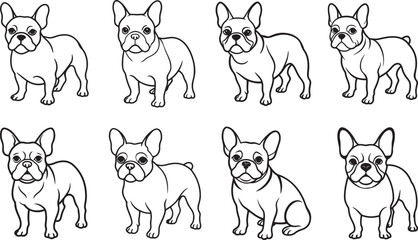 Fototapeta premium set of bulldog puppy line art, black outline, vector and illustration, coloring book page line art drawing