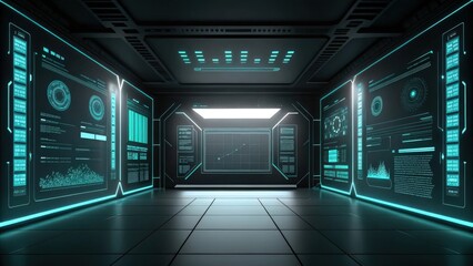 futuristic hallway with glowing neon blue digital screens. The futuristic hall has metal panels and digital data displays, a glimpse into the future of technology