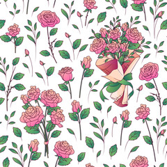 Floral vector seamless pattern with illustration of rose flowers, bouquets, leaves isolated on white. Background for fabric design, textile, wrapping paper. Bright pattern for flower shop concept.