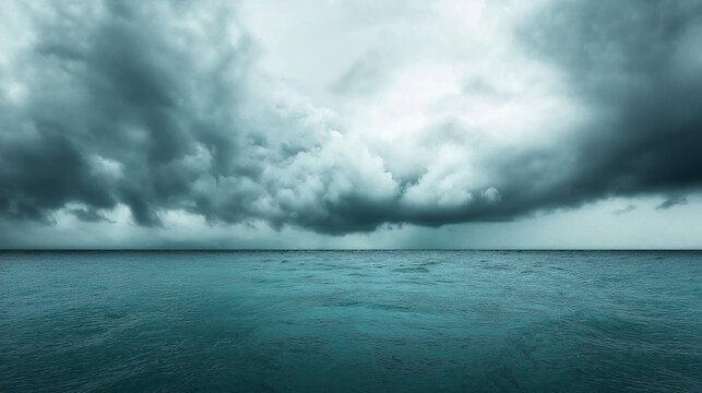 A powerful seascape capturing dramatic storm clouds rolling in over a vast ocean horizon.