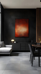 A modern, minimalist-style living room features a sofa and coffee table combination in a black and gray color scheme
