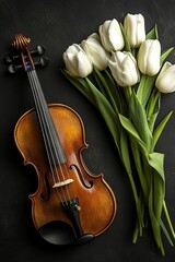 Fototapeta premium Violin on a black background and a bouquet of old tulips