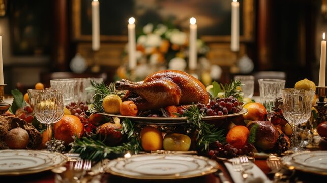 Roasted Thanksgiving Turkey on Ornate Dining Table