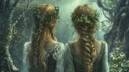 Women stand back to back in a bright forest, their hair decorated with green leaves